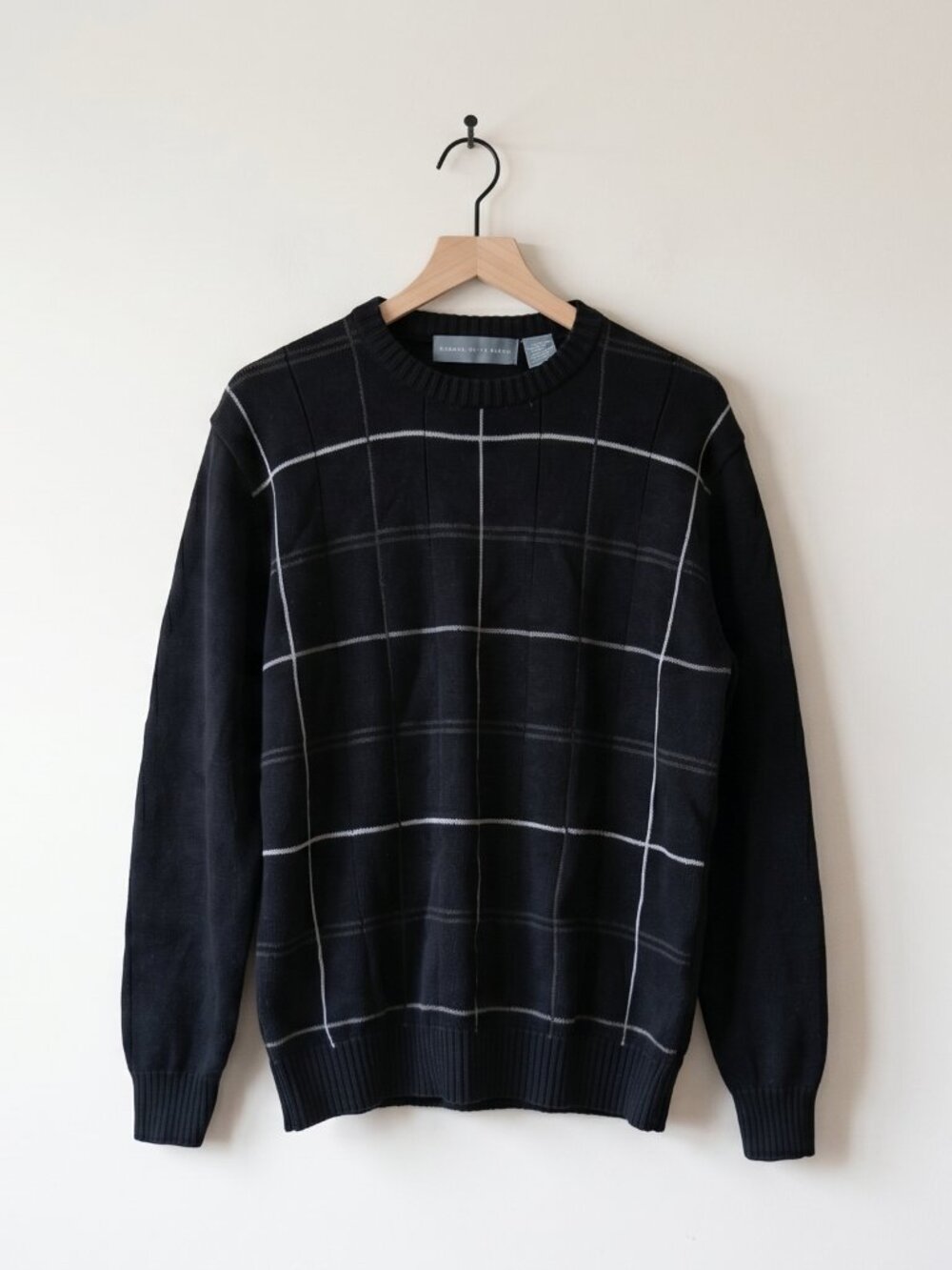 Vintage 90s Oscar de la Renta Windowpane Plaid Cotton Dad Sweater Black Men's L